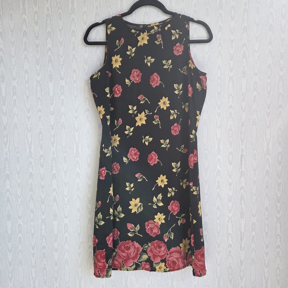 Vtg Metropolitan Womens M Dress Chiffon‎ Sheath Dark Floral Rose Print Grunge